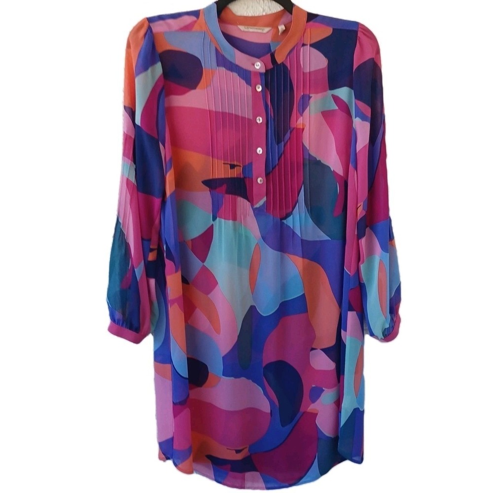 Soft Surroundings Women Abstract Print Pintuck Tunic Dress Sheer Pink L NO SLIP! - Picture 2 of 10
